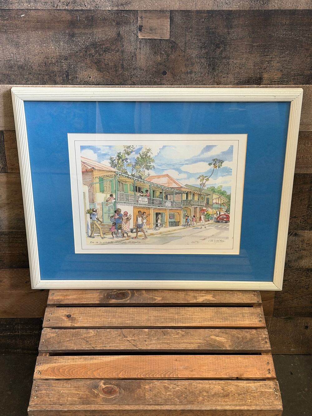 Vintage Jill Walker Signed Caribbean Print-Rue deLa Republique,Marigot,St.Martin